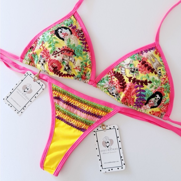 NWT Sexy Yellow Floral Beaded Embroidered Bikini Set Made in Colombia